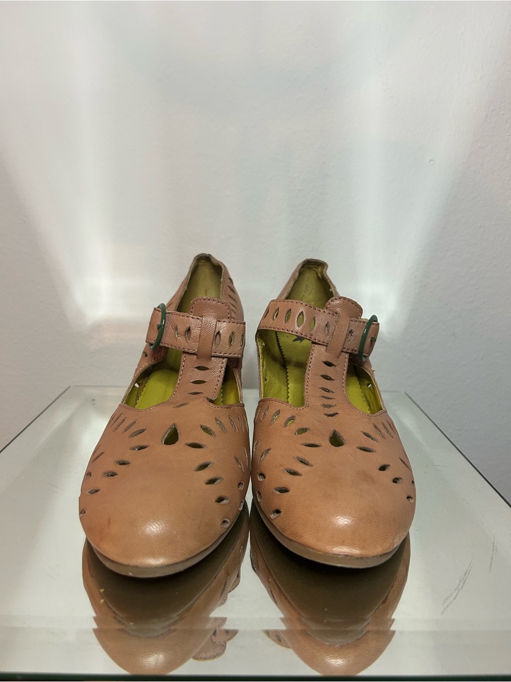 FARYLROBIN Coral Pink Eyelet Leather Pumps with Green Buckle